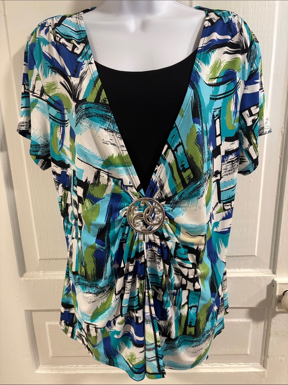 Kim Rogers Faux Layer V-Neck Blue & Green Printed Top Size XL